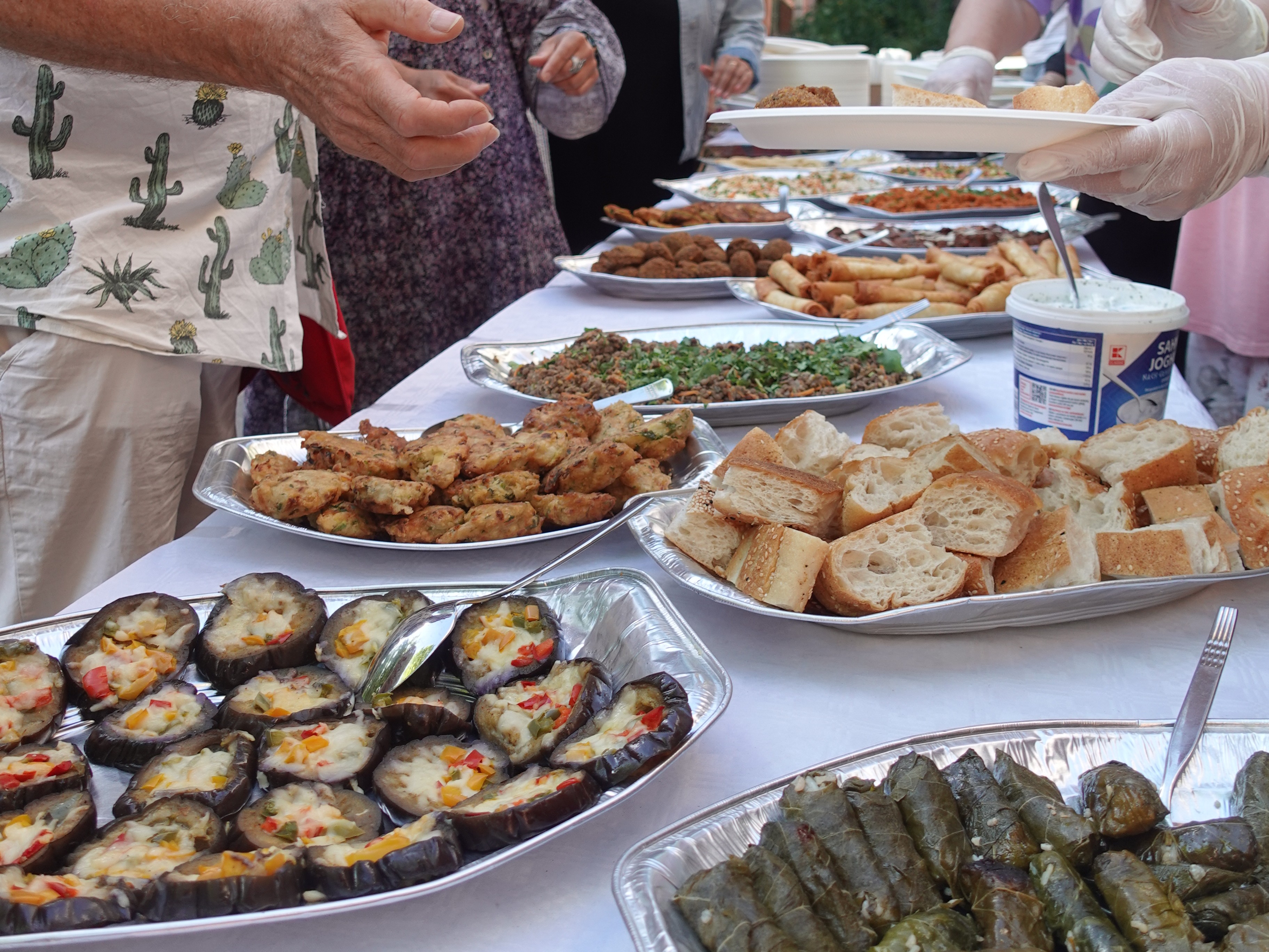 Foto vom Essen beim Sommerfest: Falafel, überbackene Aubergine, Fladenbrot, Weinblätter und diverse Salate stehen auf einem Tisch