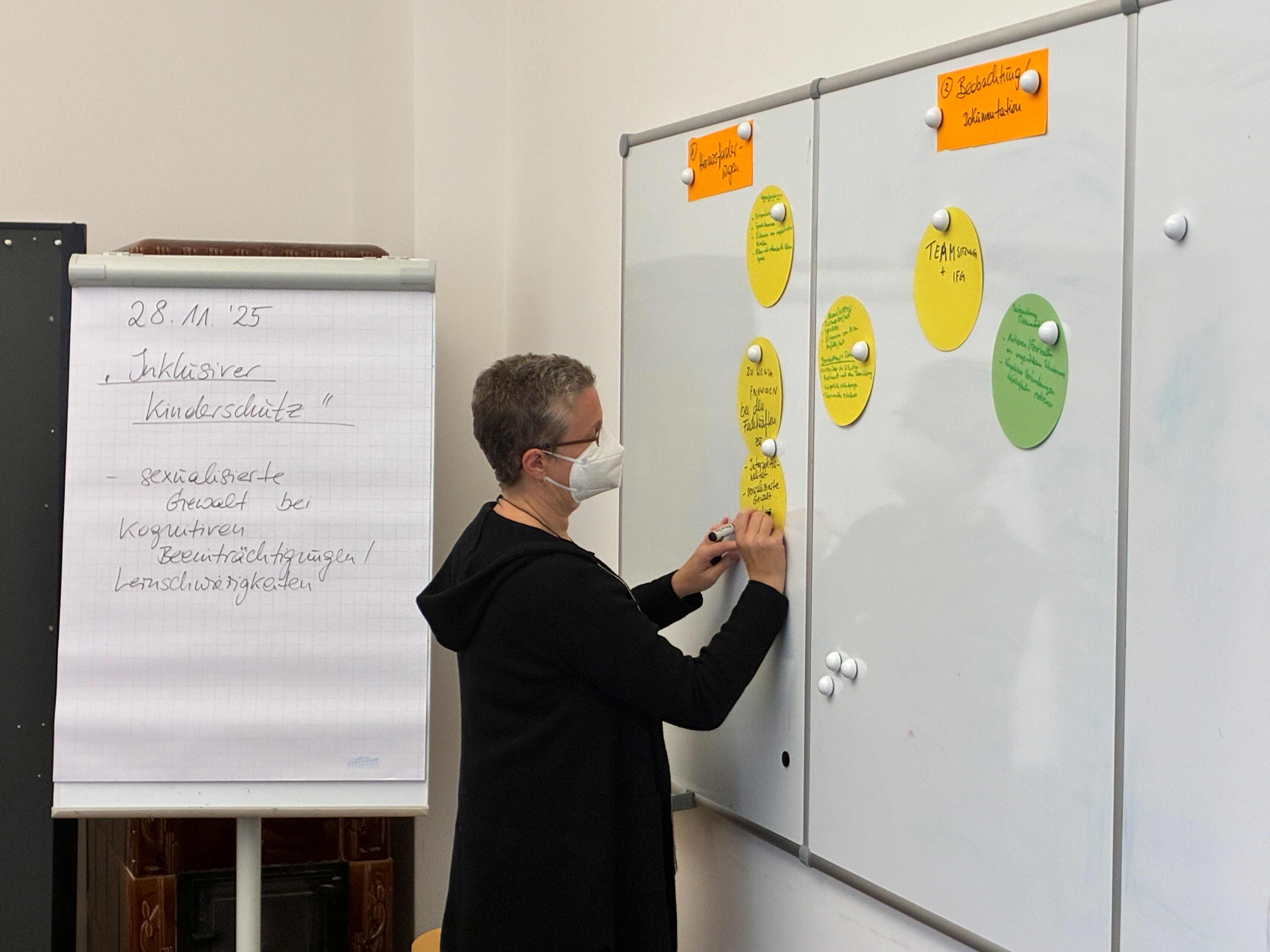 Die Person an der Wand schreibt auf ein Flipchart. Es sind Notizen sichtbar, die sich auf inklusiven Kinderschutz beziehen. An der Wand sind auch bunte Zettel angebracht.