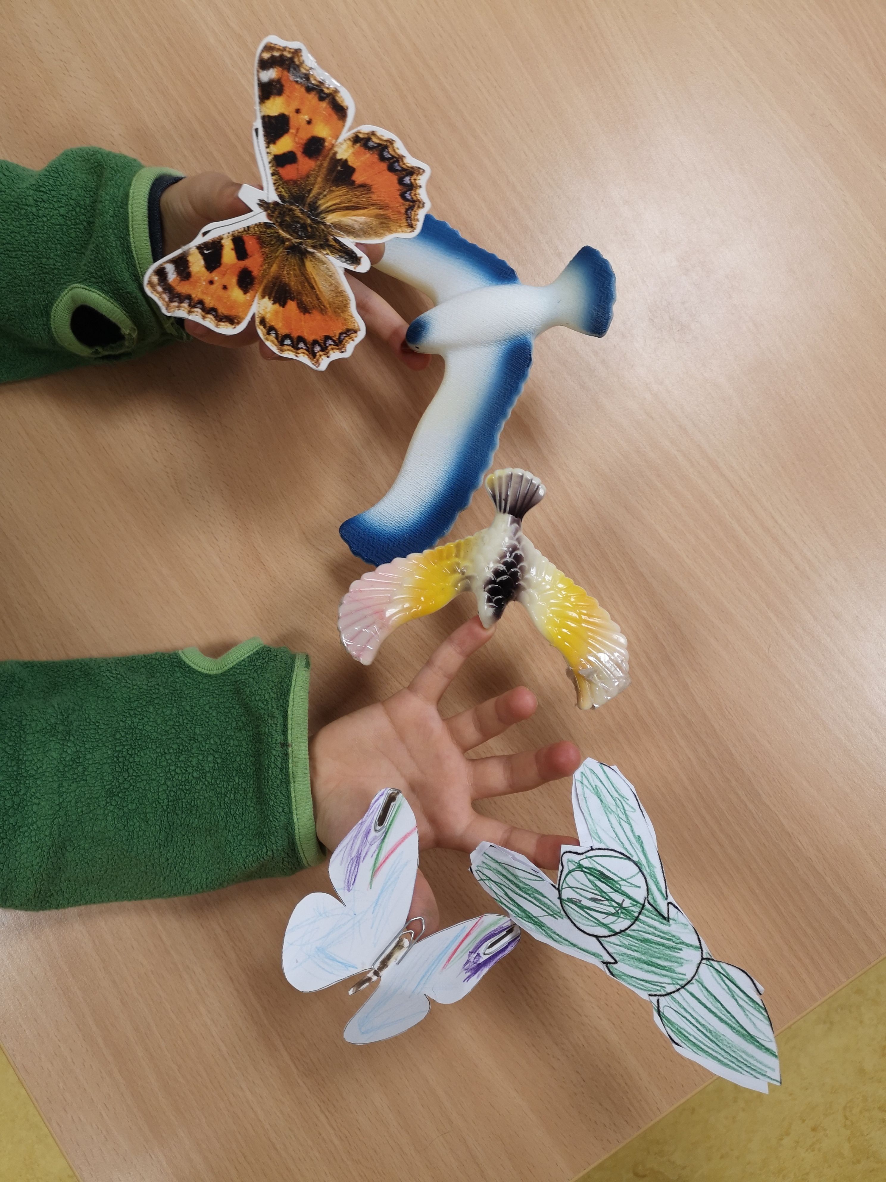 Kind hält verschiedene Flug- und Falttiermodelle in den Händen, darunter einen Papier-Schmetterling, einen Papierkäfer sowie zwei Vogelfiguren. Die Modelle liegen über einem Holztisch und zeigen unterschiedliche Formen von Flügeln.