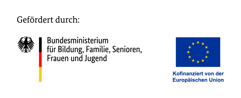Logo: Bundesministeriums für Bildung, Familie, Senioren, Frauen und Jugend (BMBFSFJ)  + Europaflagge und Text: Kofinanziert von der Europäischen Union