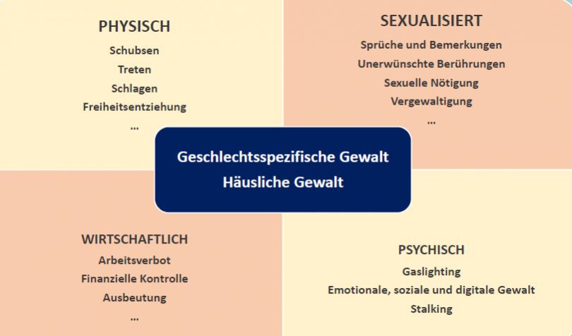 Eine grafische Darstellung zu geschlechtsspezifischer und häuslicher Gewalt, unterteilt in vier Kategorien:      Physisch: Schubsen, Treten, Schlagen, Freiheitseinschränkung.     Sexualisiert: Sprüche und Bemerkungen, unerwünschte Berührungen, sexuelle Nötigung, Vergewaltigung.     Wirtschaftlich: Arbeitsverbot, finanzielle Kontrolle, Ausbeutung.     Psychisch: Gaslighting, emotionale, soziale und digitale Gewalt, Stalking.