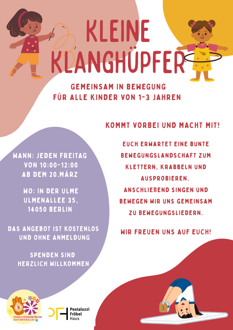 Kleine Klanghüpfer  Bewegungs- und Musikangebot für Kinder von 1–3 Jahren mit Eltern. Jeden Freitag von 10:00–12:00 Uhr in der Ulme, Ulmenallee 35, 14050 Berlin. Kostenlos, ohne Anmeldung.