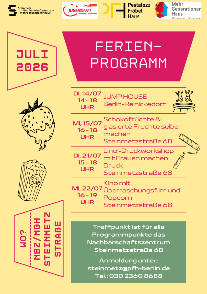 Ferienprogramm Steinmetzstraße 68: 14.07., 15.07., 21.07. und 23.07.