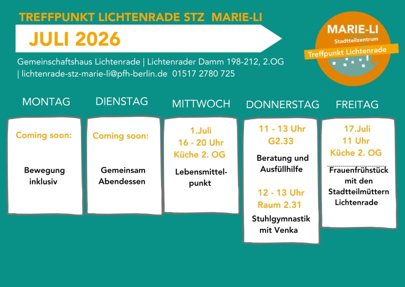 Programm Juli 2026: 1.7. Lebensmittelpunkt, Do 11-13 Uhr Beratung, 12-13 Uhr Stuhlgymnastik, 17.7. 11 Uhr Frauenfrühstück, 