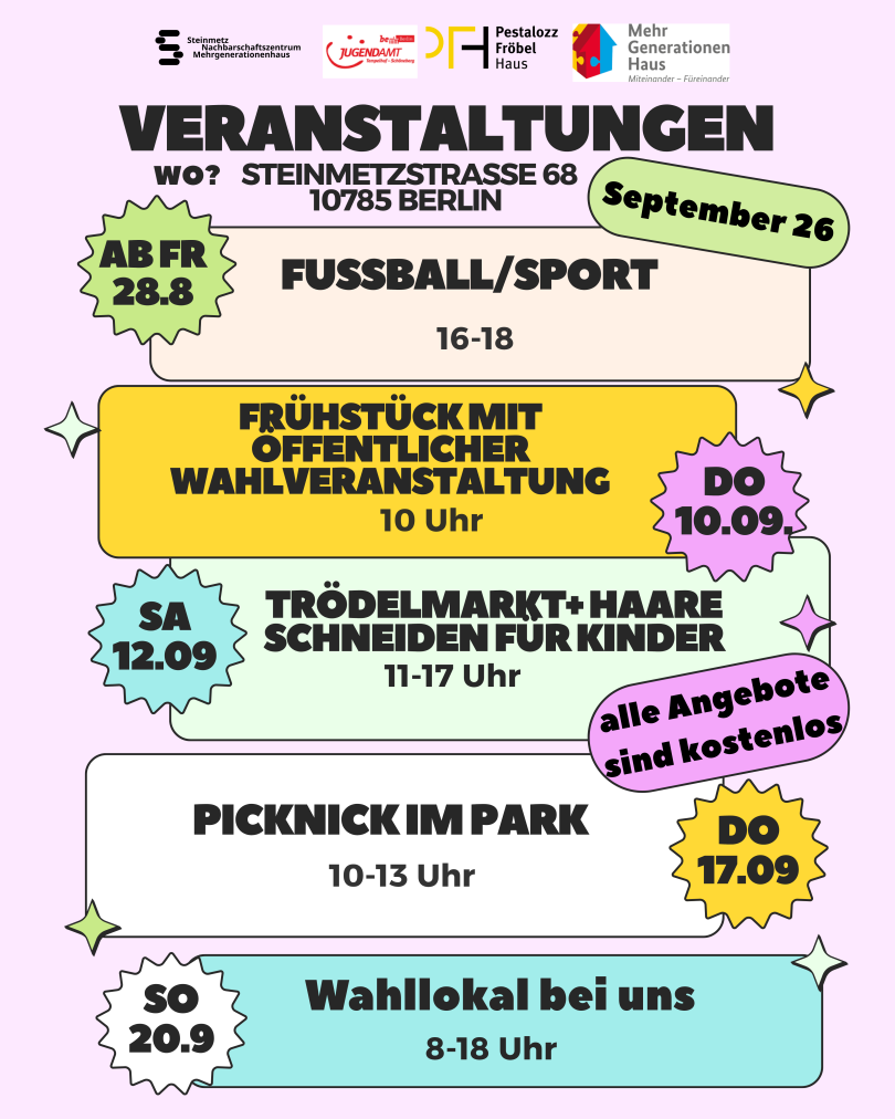 Veranstaltungen September 2026 in der Steinmetzstraße 68