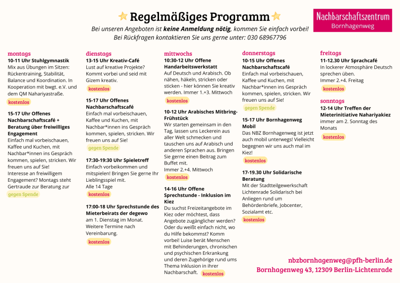 regelmäßige Wochenübersicht des NBZ Bornhagenweg