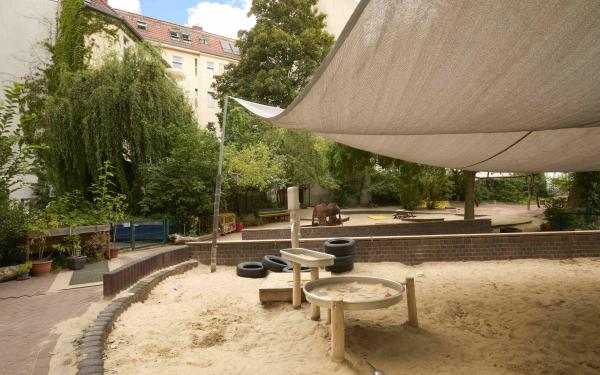 Schattiger Außenspielbereich mit großem Sonnensegel über einer Sandfläche. Im Vordergrund stehen runde Sand- und Wasserspieltische auf Holzbeinen. Dahinter Bäume, Beete, Sitzbänke und eine Backsteinmauer.
